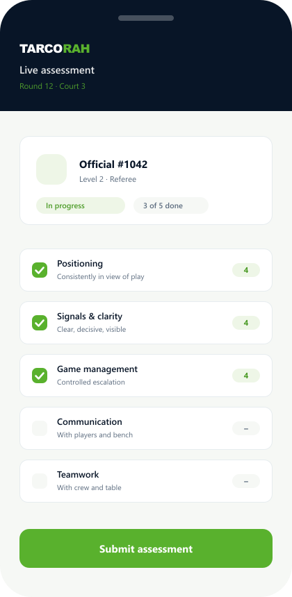 The TARCORAH mobile app, showing an assessment being completed courtside.